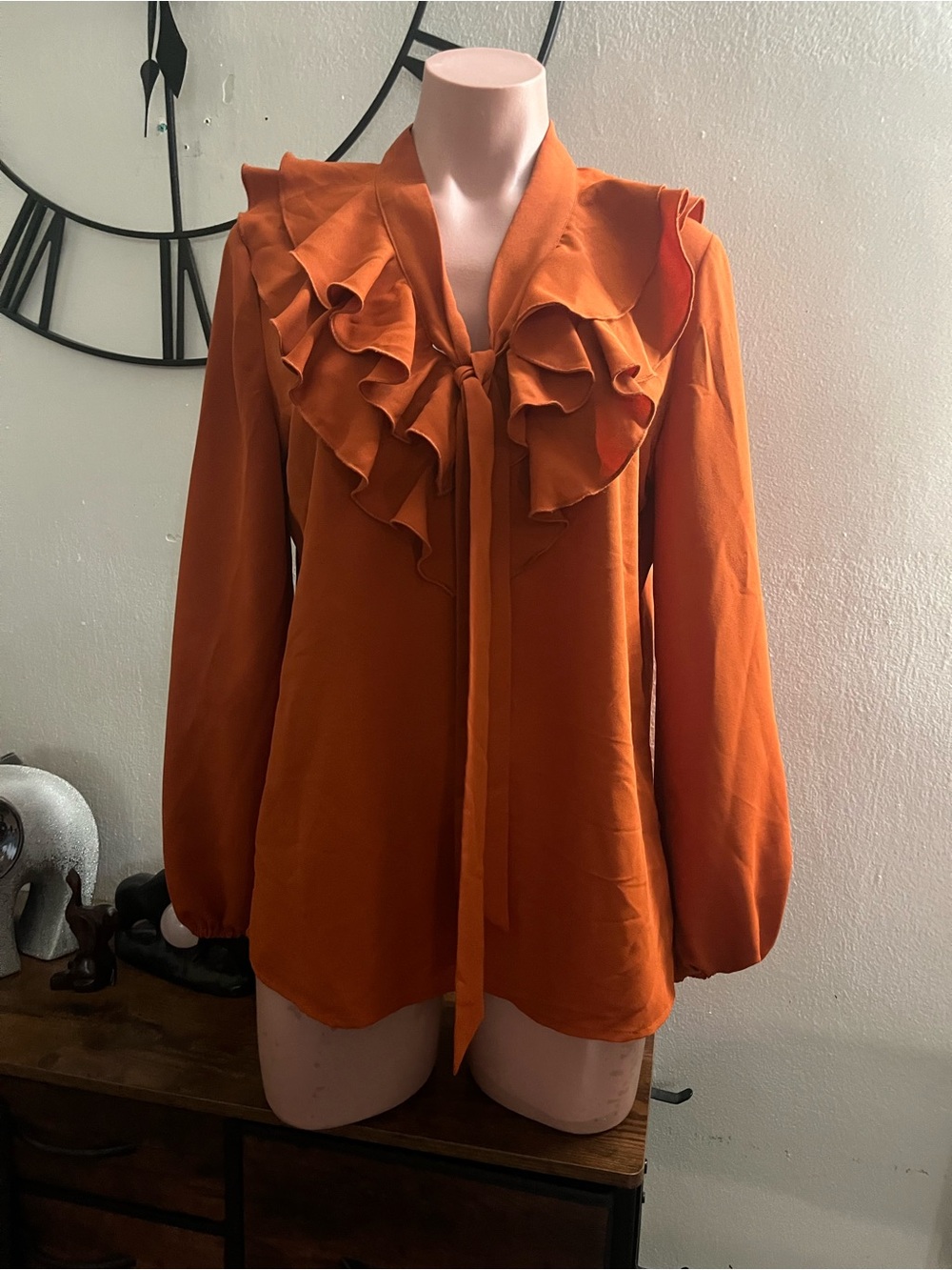 #327 Women's Ruffle Tie-Neck Blouse - Orange